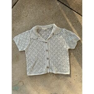 Rebellion Apparel Crochet Pointelle Knit Short Sleeve Button Front Cardigan Top